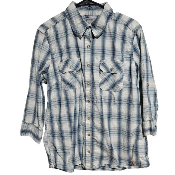 Carhartt Button Up Shirt Womens Size Large Blue White Plaid Roll-Tab Sleeves - Picture 1 of 9